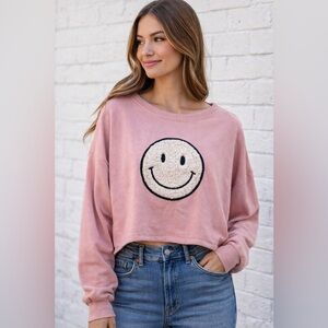 Peach Love Pink Smiley Face Cropped Oversized French Terry Sweatshirt Size Small